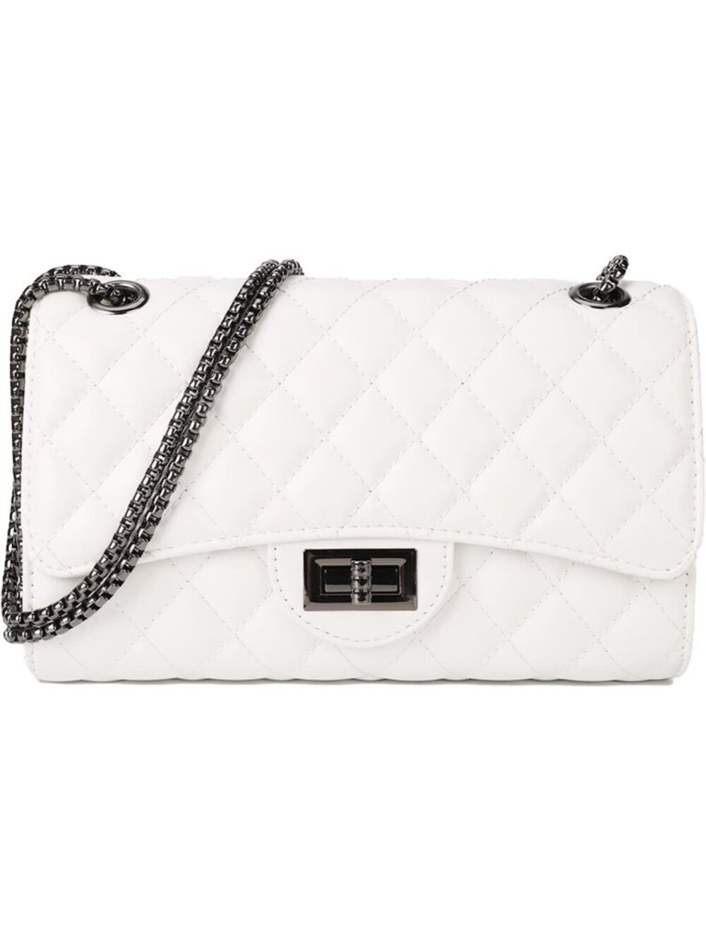 Women White Quilted Crossbody Structured Purse Shoulder Bag Chain Strap